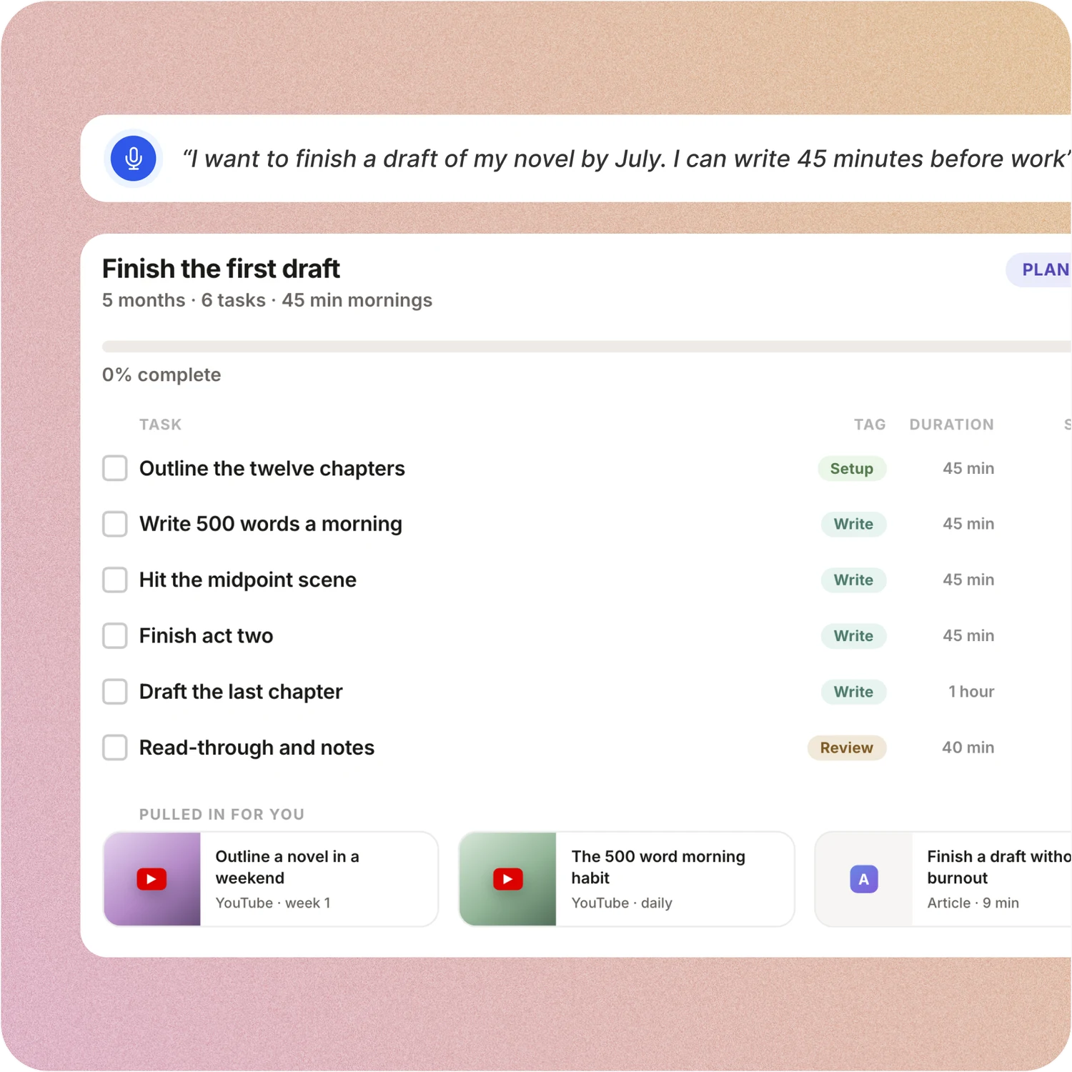 ByDesign AI goal plan with tasks, tags and durations