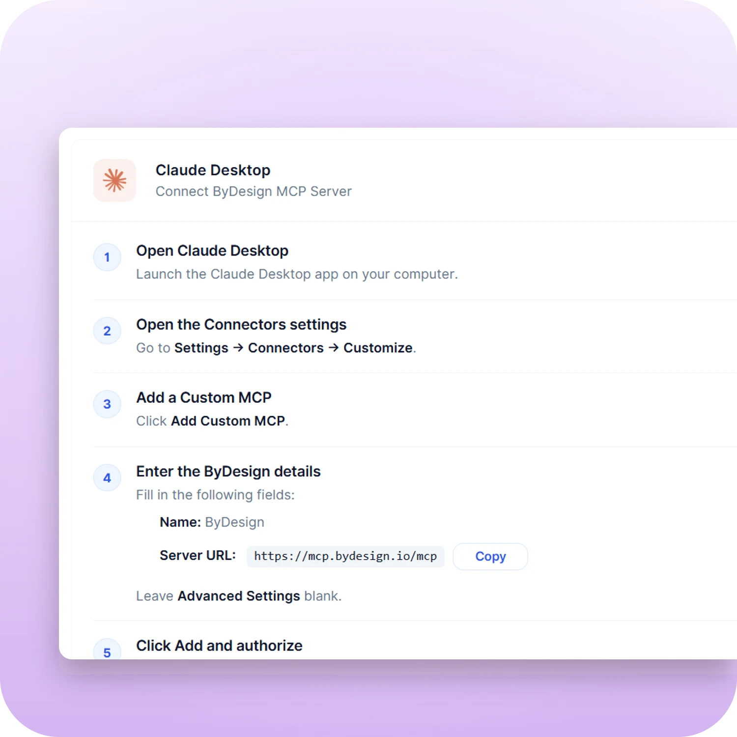 ByDesign MCP settings connecting Claude Desktop