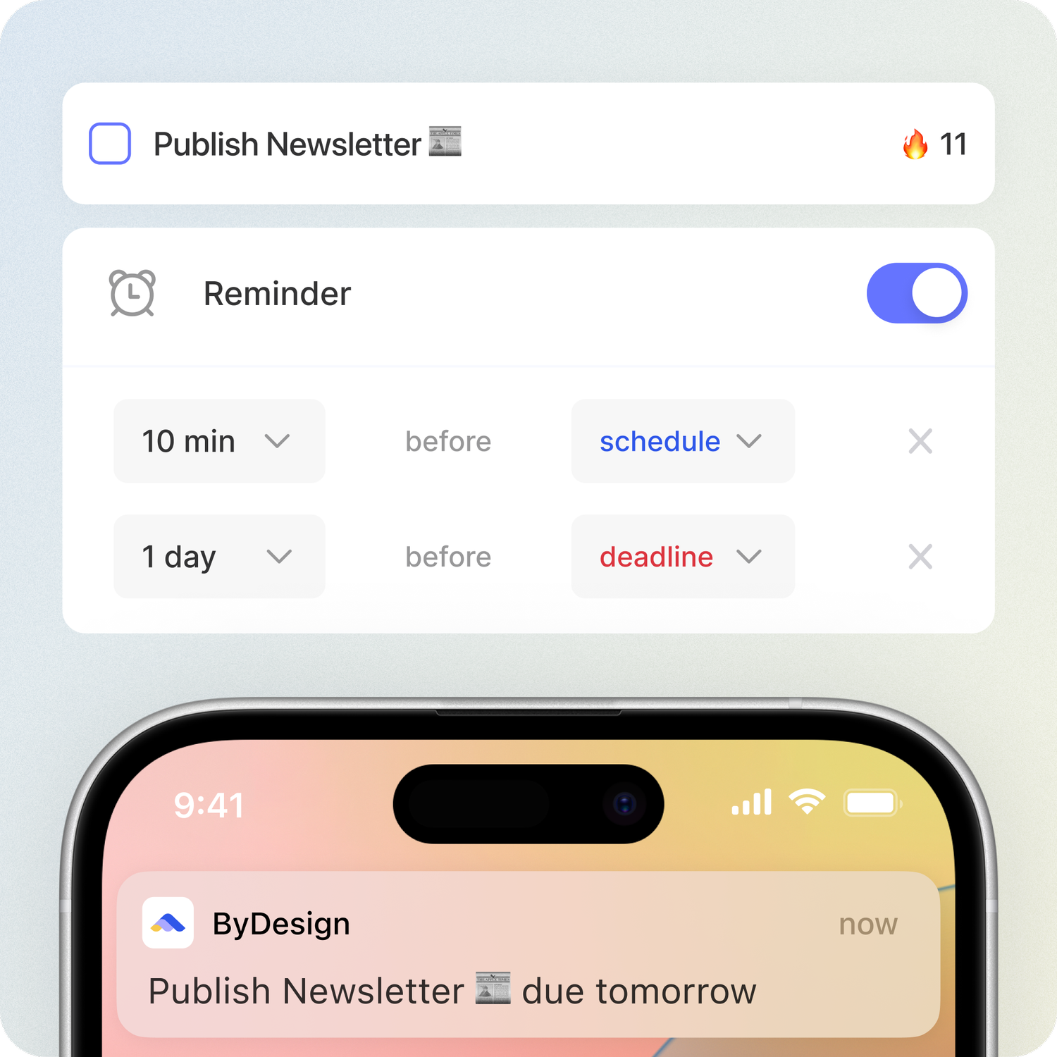 reminders, ios habits, deadlines, bydesign features