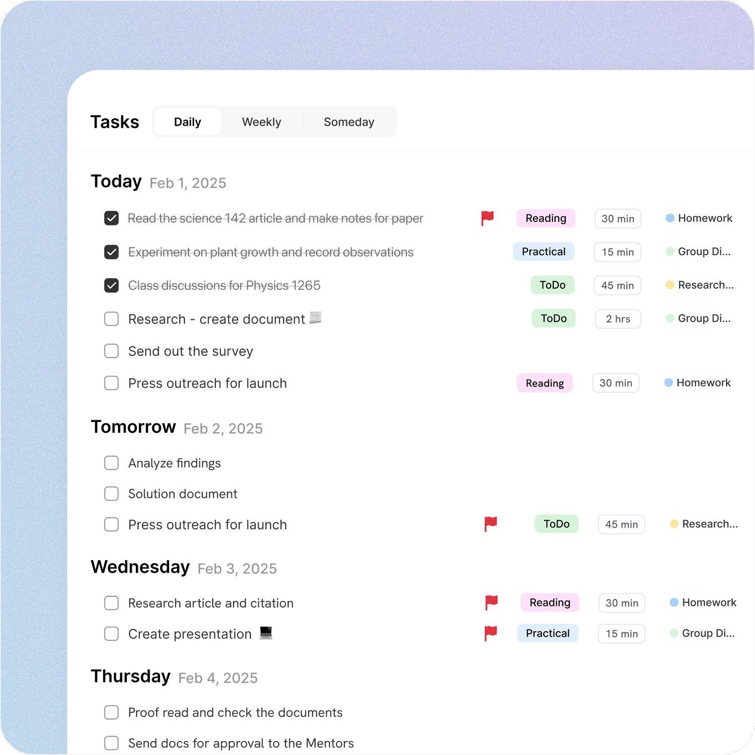 Daily, weekly, someday task view in ByDesign app